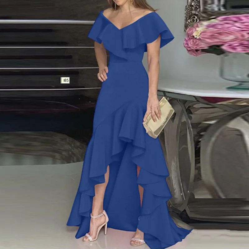 Beauty style elegant V-neck ruffled irregular elegant dress blue