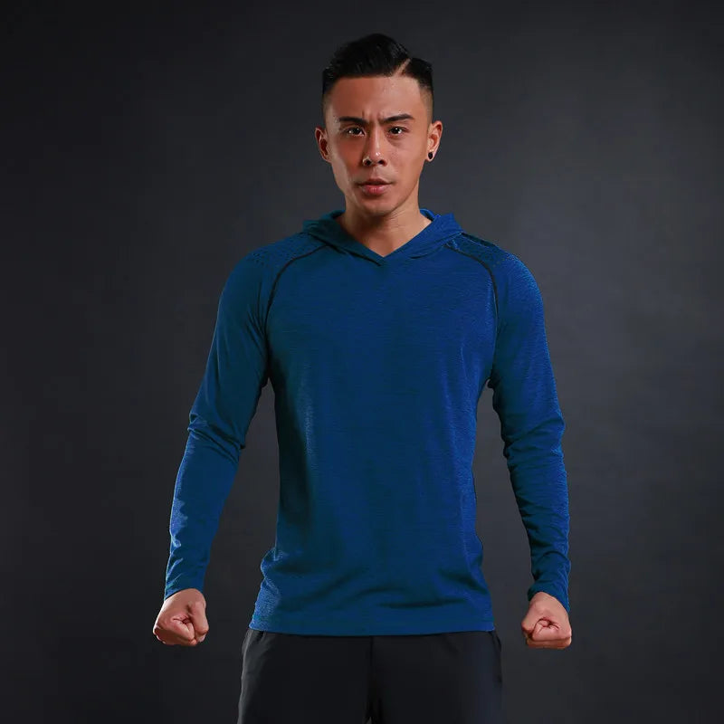 Sport Bodybuilding Sweatshirt Running Jacket Men Hoodies Gym Training Fitness Compression Jersey Long Sleeved T-Shirts Fast Dry Blue