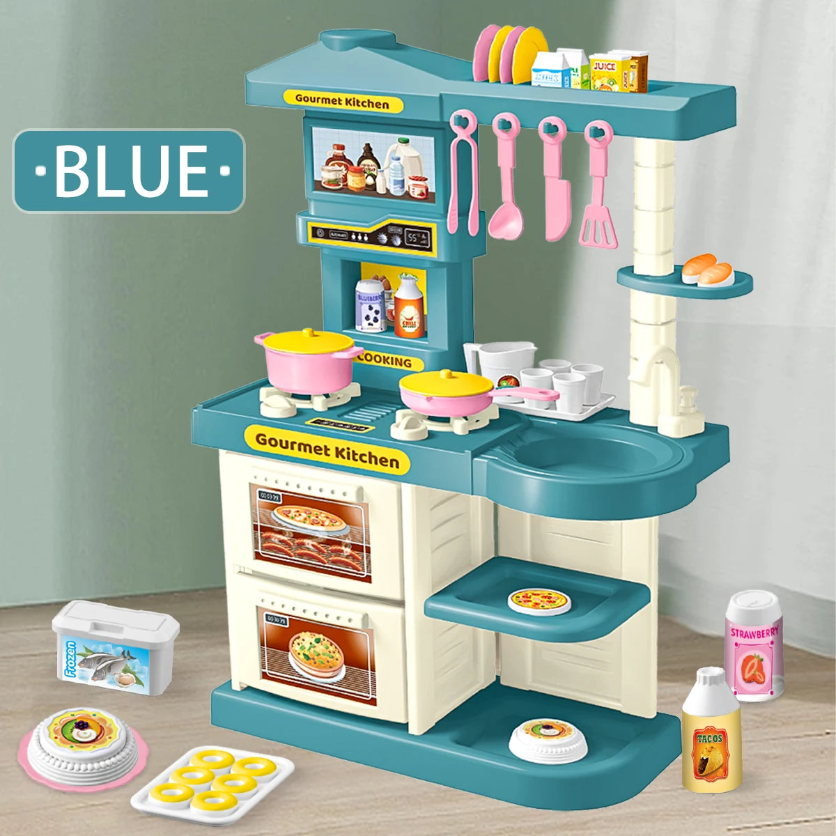 Kids Play Kitchen Accessories, Playset Toys Kitchen Foods Pans Milk Pots Breads Fork for Kid 3+ Boys and Girls Blue