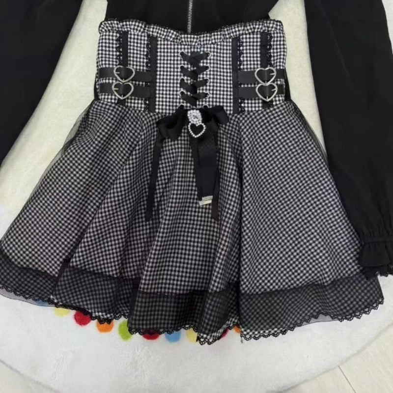Sweet Elegant Kawaii Slim Off Shoulder Suit Women's Japanese Lovely Lace New Black Short Skirt Suit Fashion Vintage Lolita Set Only skirt