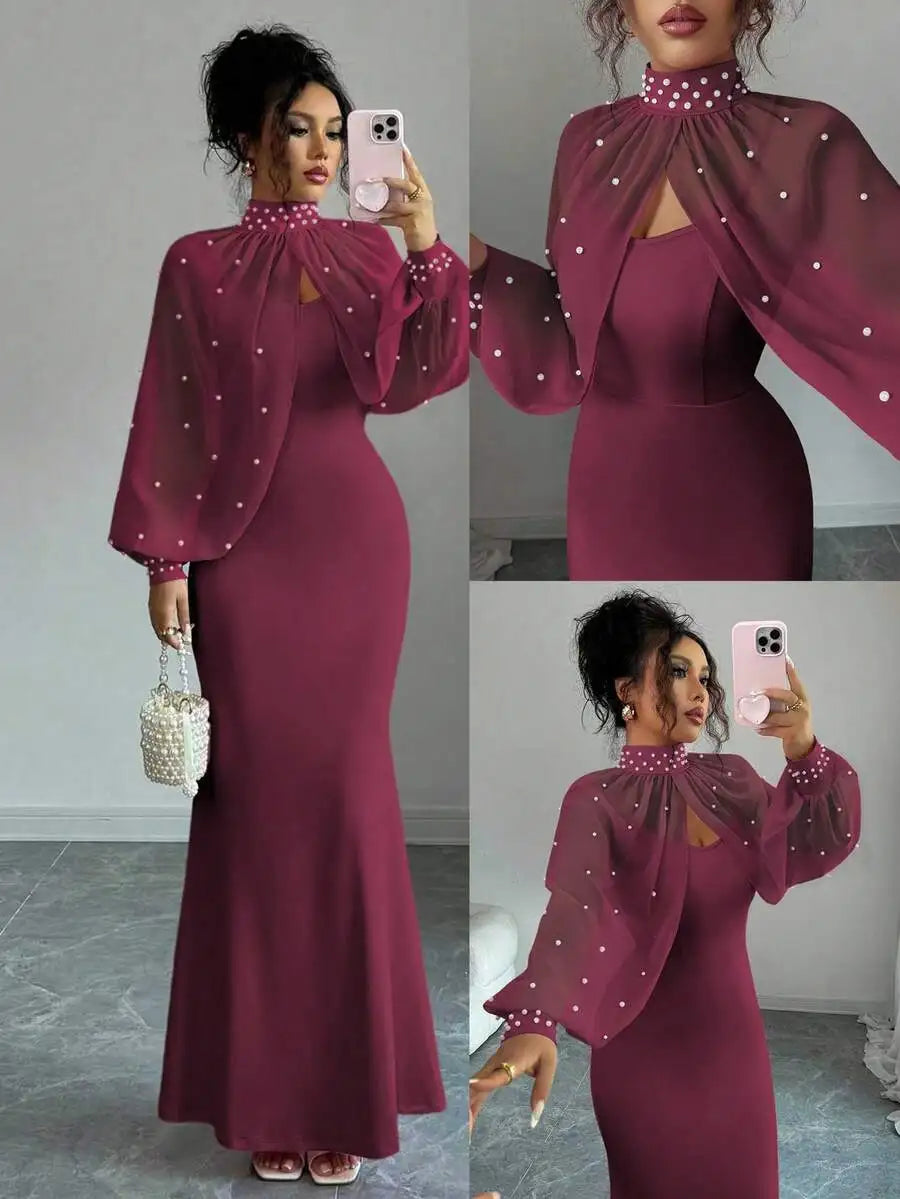 Elegant Pink Mermaid Gown with Beaded Sheer Capelet, Bodycon Slip Dress Set Burgundy United States