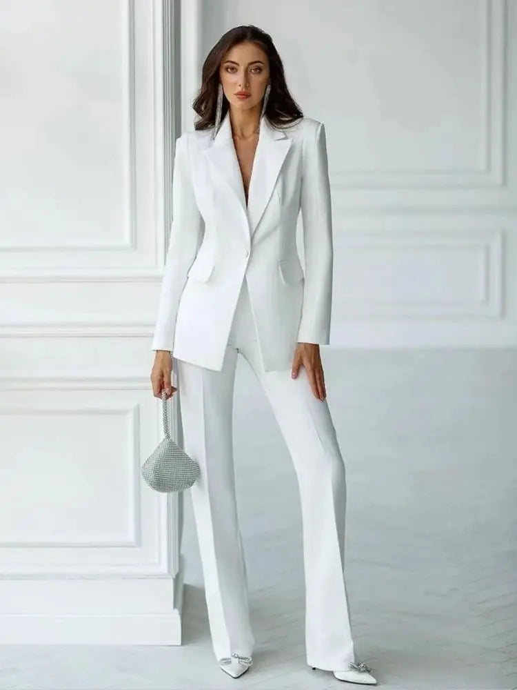 Elegant White Slim Women's Two Pieces Suit Set One Button Jacket Long Straight Pants Sets Office Banquet Wedding Female Clothing picture color 1 China Mainland