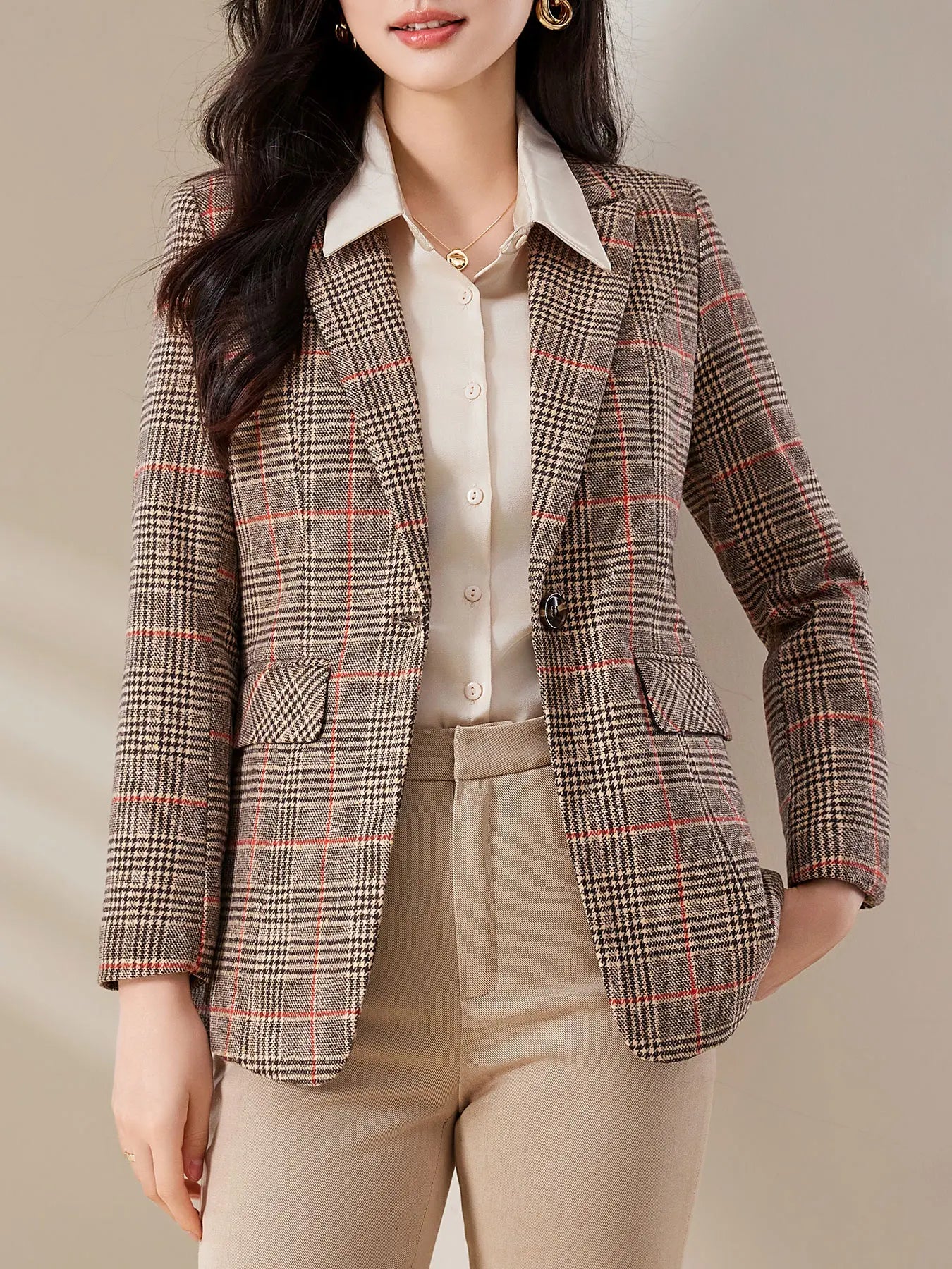 Women's Slim-Fit Tartan Blazer Single-Button Closure Wool Blend Professional Office Jacket Elegant Commuter Suit Top