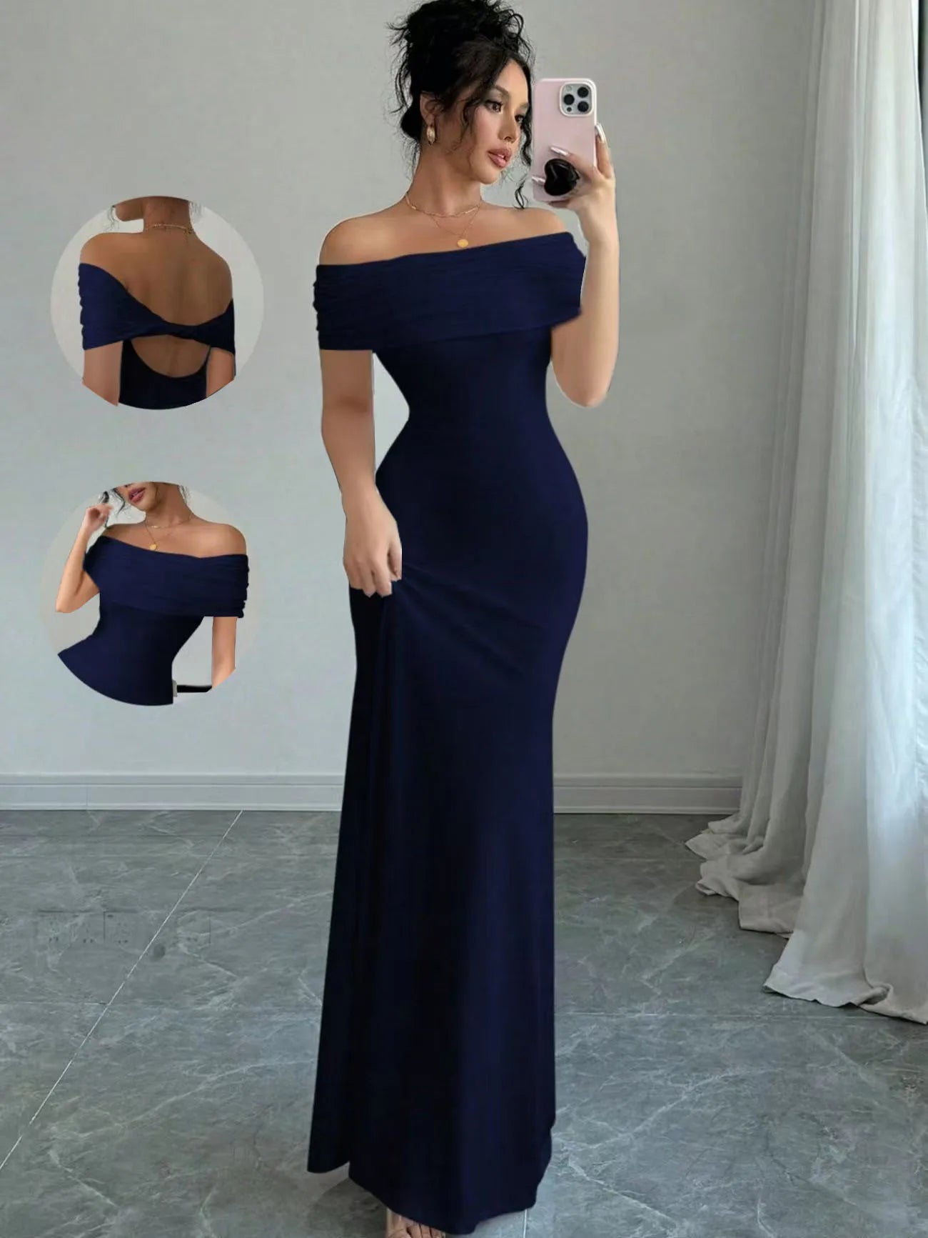 Off Shoulder Party Dress, Women‘s Sleeveless Sexy Bodycon Midi Dress, Elegant Bandage Cocktail Dress for Night Out Navy Blue