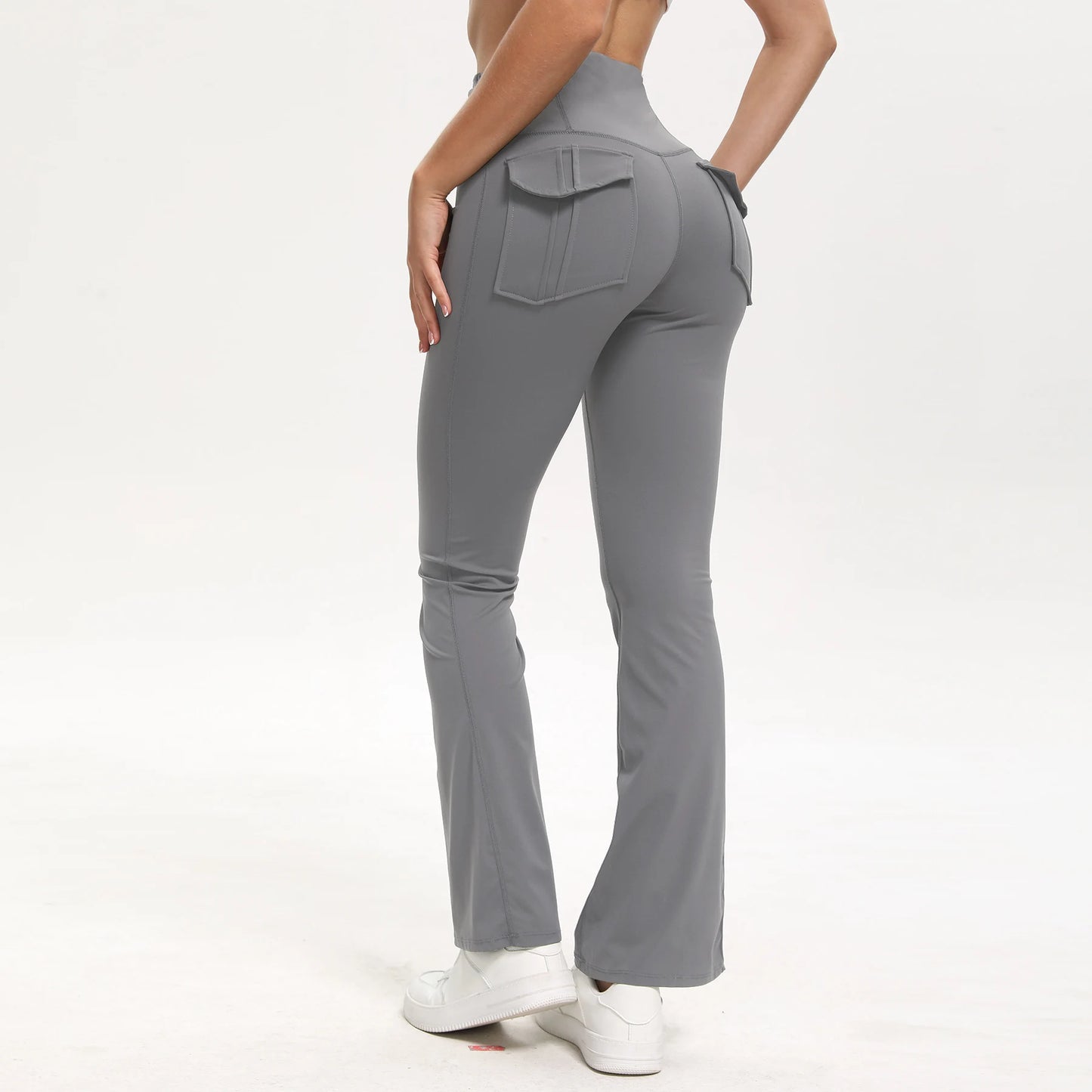 Women's High Waisted Flared Yoga Pants with Pockets Tummy Control Bootcut Leggings for Gym Fitness Casual Wear Light grey Standard