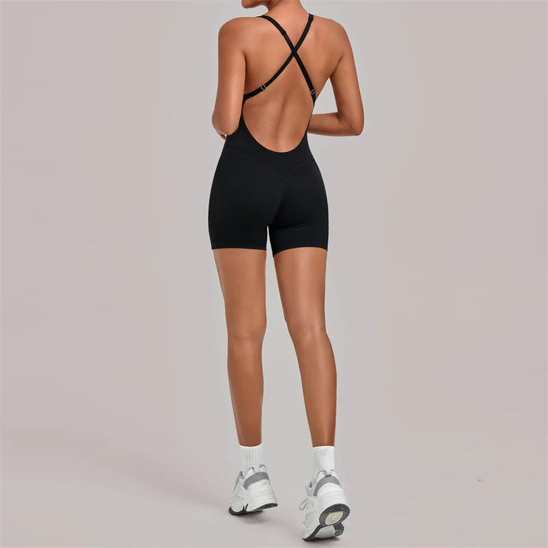 SVEIC Gym Sports Jumpsuits Short Cross Backless Hollow Fitness Workout Sportswear One Piece Bodysuit Running Tight Yoga Clothing Black China Mainland