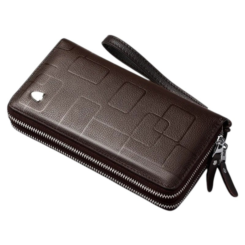 COMFORT brown faux leather double zipper wristlet wallet organizer with geometric pattern and detachable strap