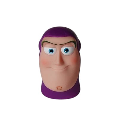 COMFORT Buzz Lightyear finger puppet toy with purple helmet and blue eyes, perfect for imaginative play.