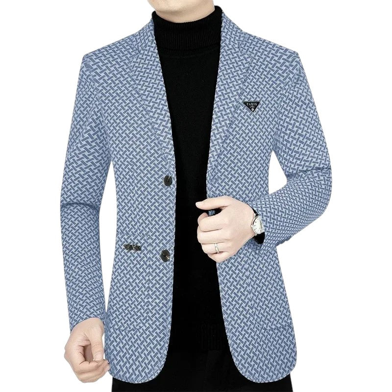 COMFORTH men's light blue geometric patterned blazer with notched lapel and two-button closure.