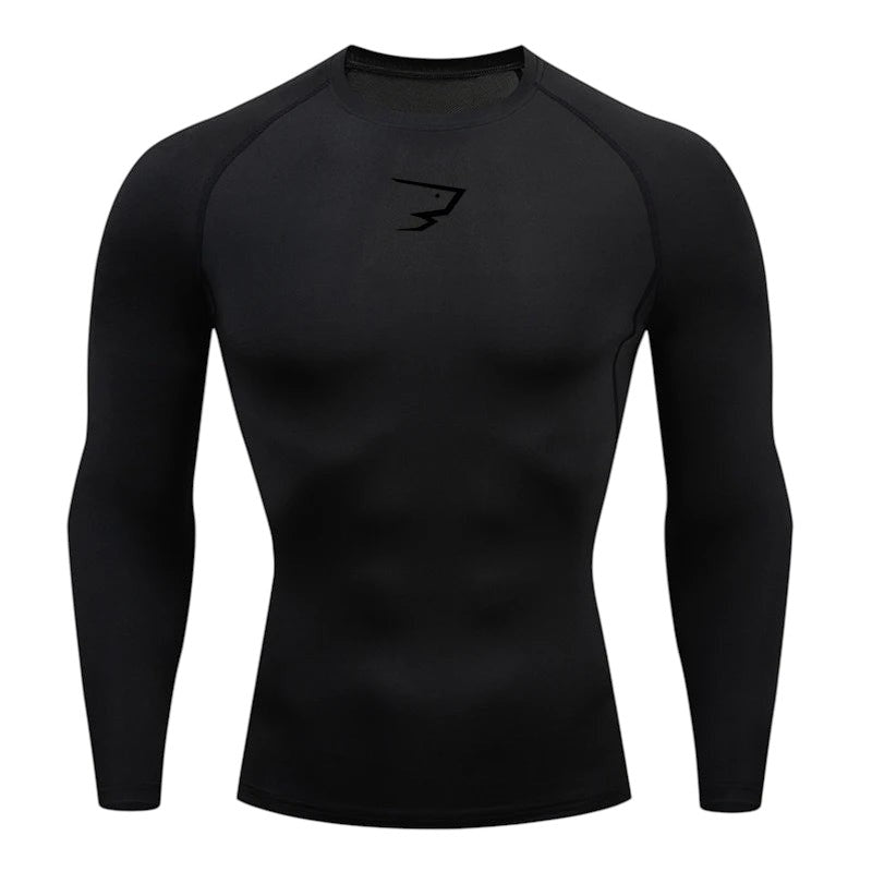 COMFORTH Men's black long sleeve compression athletic performance shirt with crew neck and raglan sleeves.
