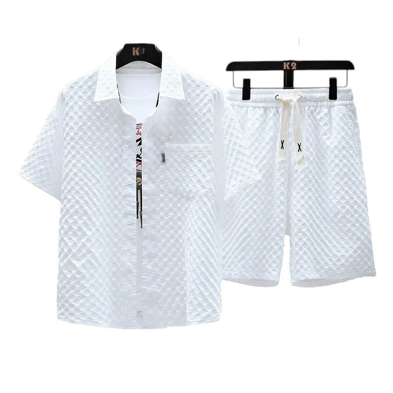 COMFORTH Men's white textured short sleeve shirt and shorts set with diamond pattern, classic collar, chest pocket, and drawstring shorts.