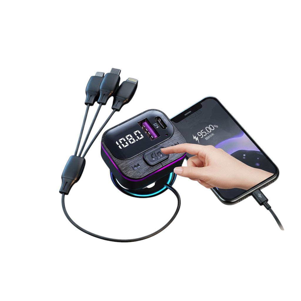 COMFORTH black multi-port car charger with Bluetooth, USB & Type-C ports, and LED display showing 108.0 FM.