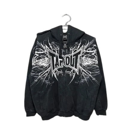 COMFORTH black zip-up hoodie with distressed white Tapout graphic. Cotton blend, drawstring hood, kangaroo pocket.