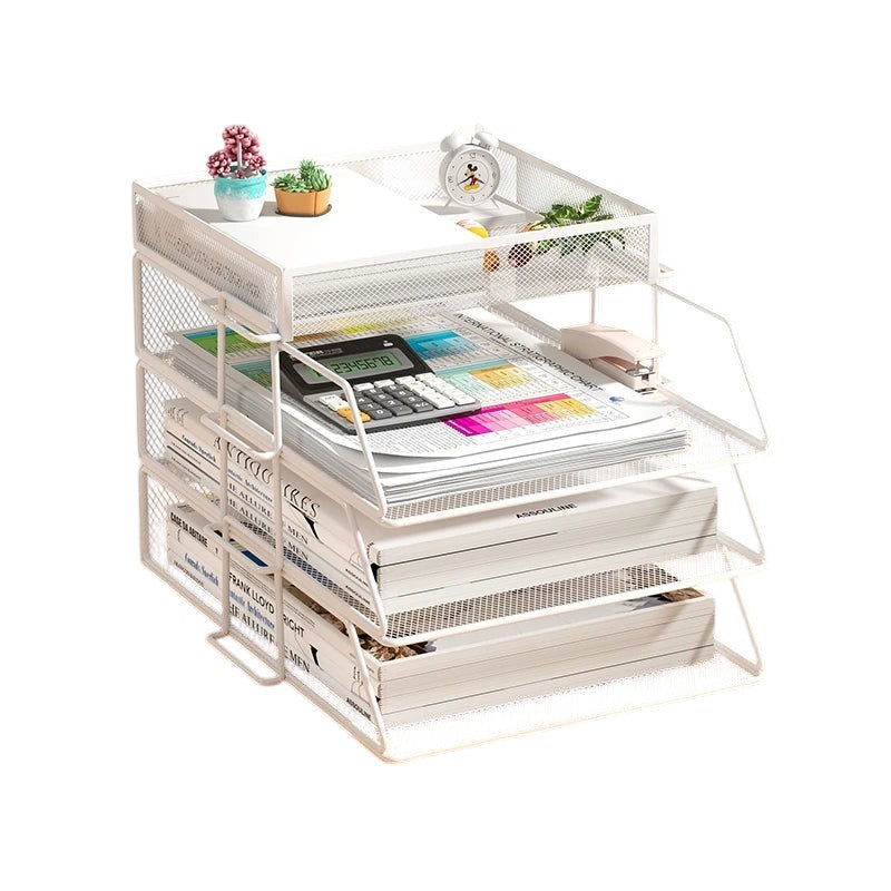COMFORT white 3-tier mesh desk organizer with side caddy, holding files, calculator, and stapler.
