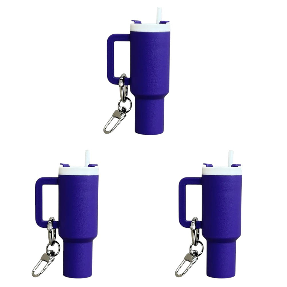 COMFORTH purple mini tumbler keychain with handle and straw, perfect for keys and bags.