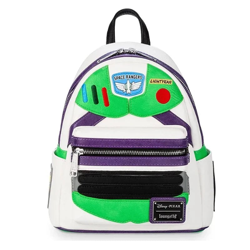 COMFORTH Toy Story Buzz Lightyear backpack, white with green, purple, and red accents. Features Space Ranger and Lightyear patches.