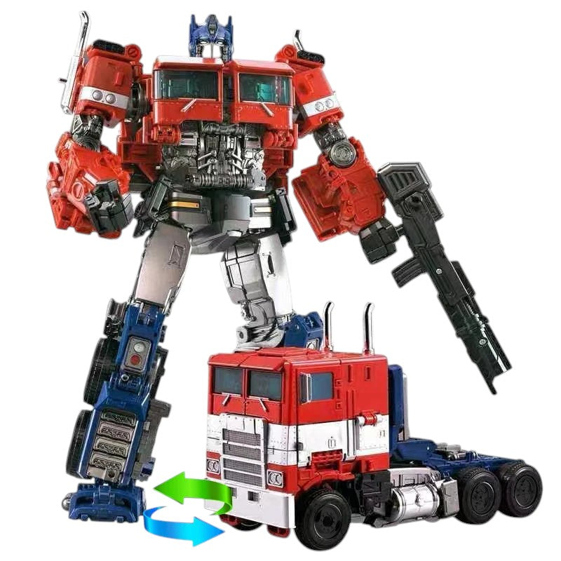 COMFORTH red, blue, and silver transforming robot action figure with gun, shown in robot mode above its truck mode.