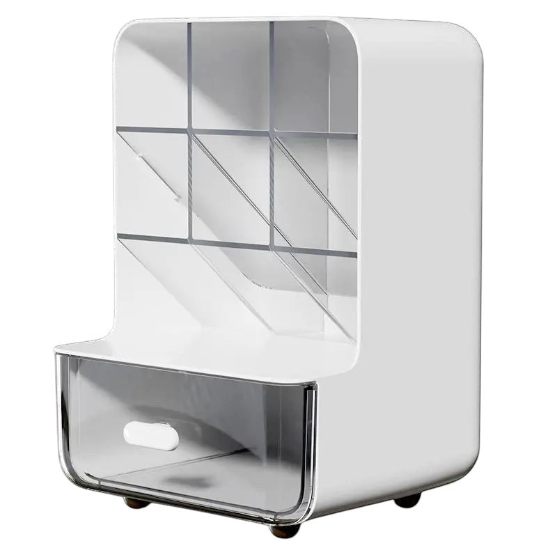 COMFORTH white desk organizer with multiple compartments and a clear drawer for stationery and office supplies.
