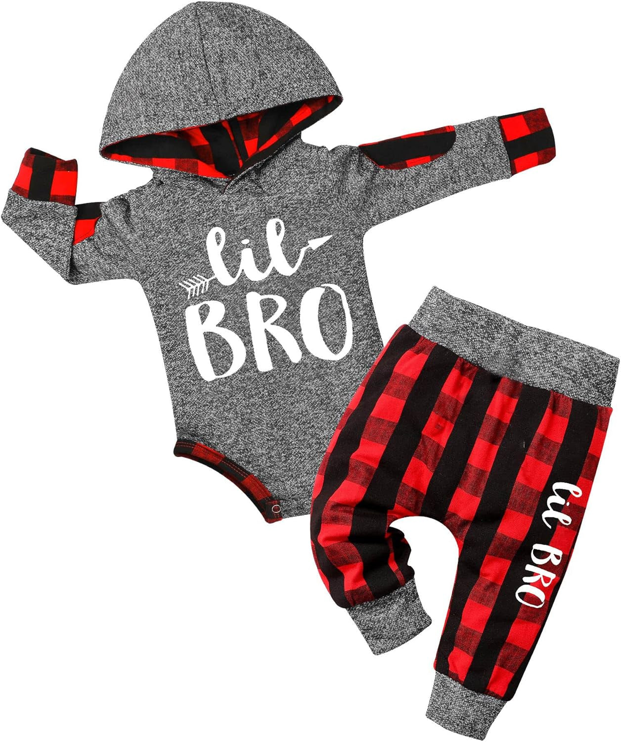 Newborn Baby Boy Plaid Letter Print Long Sleeve Hoodie and Long Pants 2-Piece Fall/Winter Outfit Set