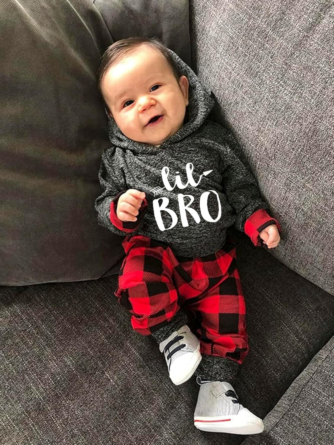 Newborn Baby Boy Plaid Letter Print Long Sleeve Hoodie and Long Pants 2-Piece Fall/Winter Outfit Set