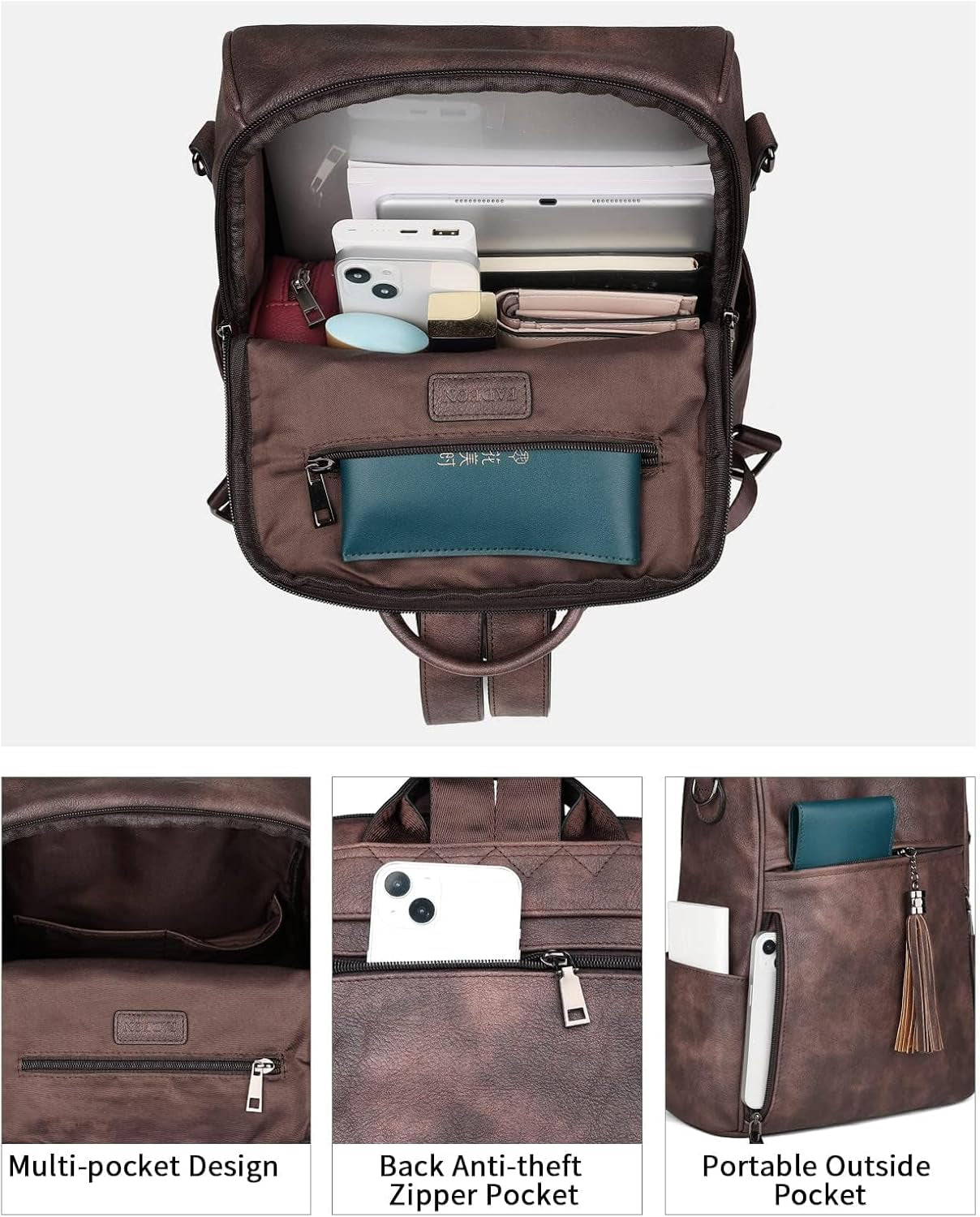 Women's Designer Leather Backpack Purse - Fashionable Travel Shoulder Bag with Tassel Detail