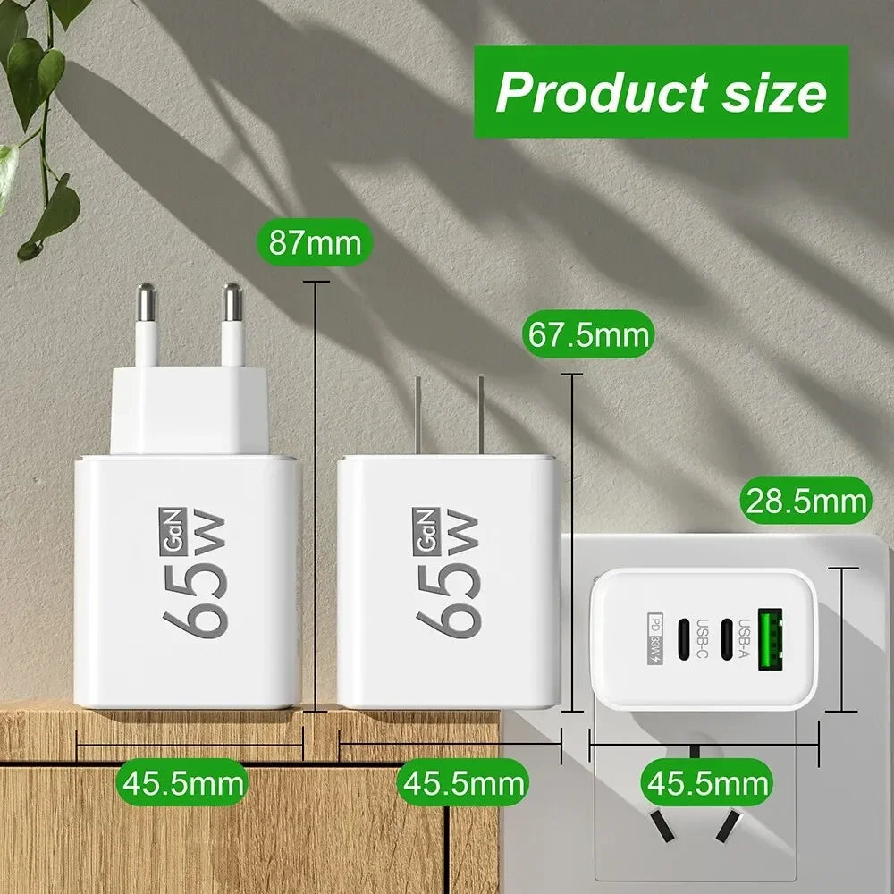 65W GaN Fast Charger - Multi-Port USB PD Type-C Adapter for iPhone 15 Pro Max, Samsung, Xiaomi, and Huawei