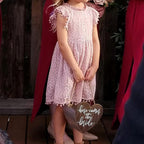 Toddler Girls Elegant Lace Flutter Sleeve Party Dress with Pom Poms