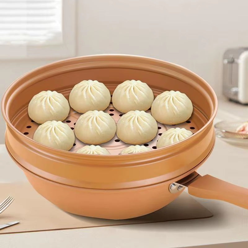 Iron Wok with Lid Non Stick Clay Wok with Steamer Basket Clay Wok Miccro Pressure Wok Multifunctional Household Frying Pan