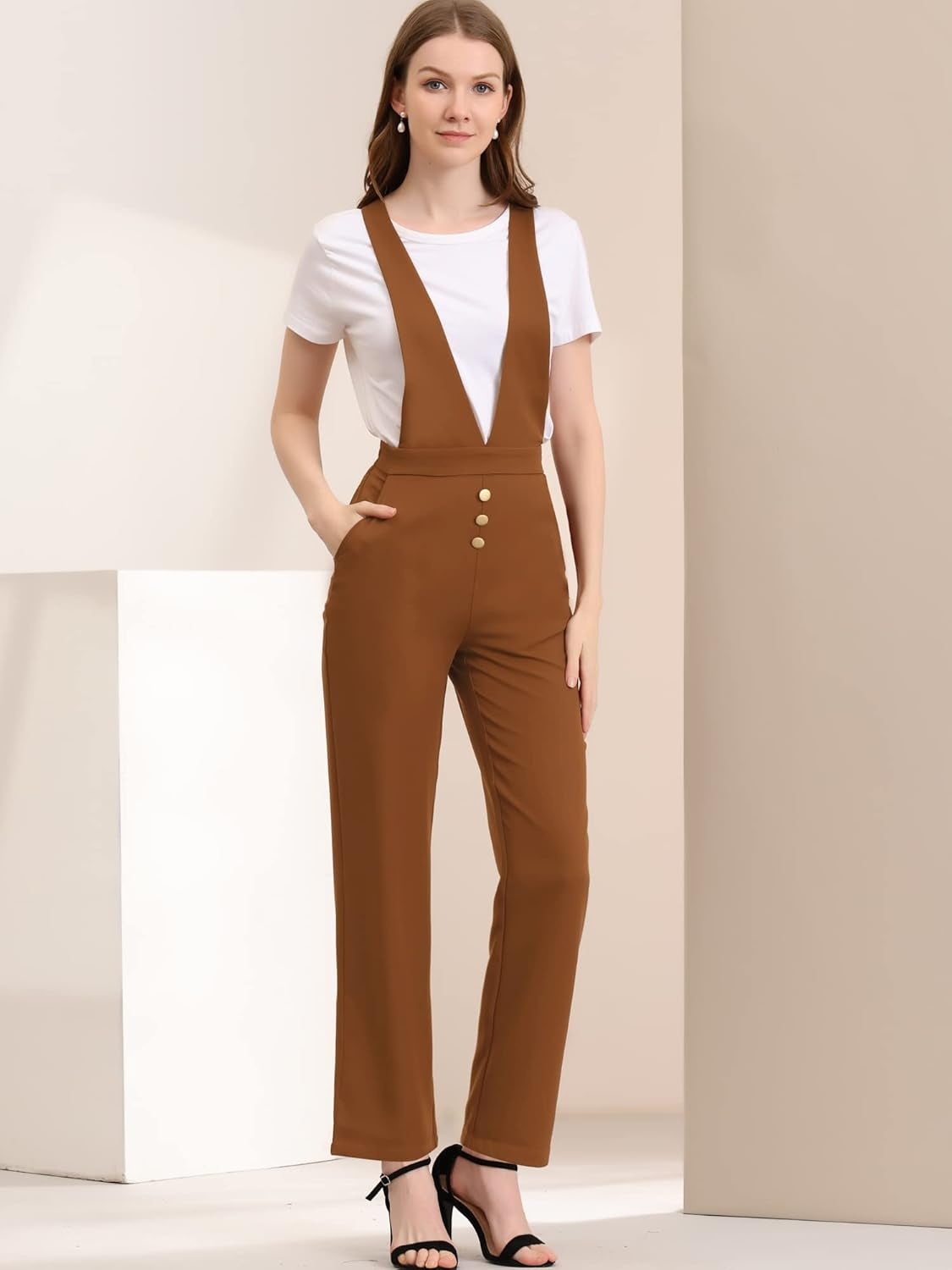 Women'S Overalls Wide Leg Pants Slant Pocket Long Suspenders Jumpsuit