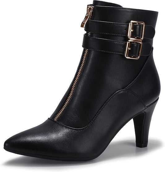 Women's Classic Short Ankle Booties with Pointed Toe, Metal Buckle, Two Straps, and Side Zipper in Kitten Heel Design