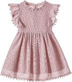 Toddler Girls Elegant Lace Flutter Sleeve Party Dress with Pom Poms
