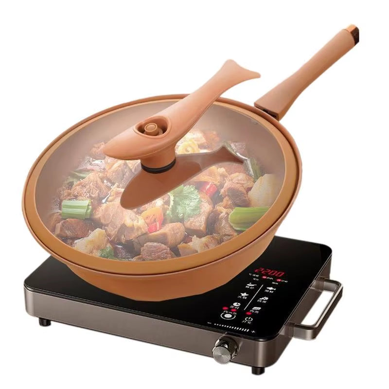 Iron Wok with Lid Non Stick Clay Wok with Steamer Basket Clay Wok Miccro Pressure Wok Multifunctional Household Frying Pan