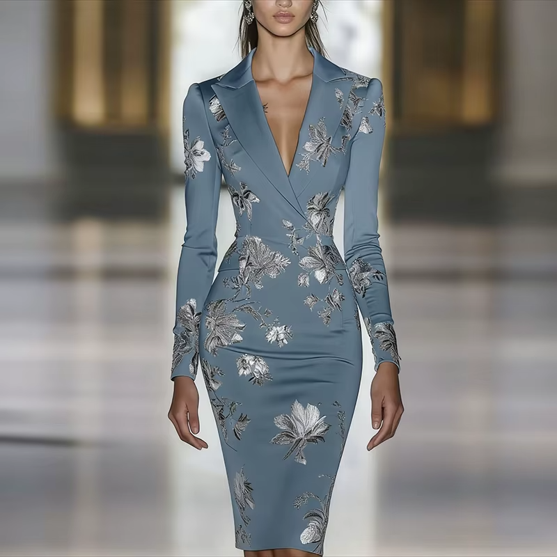 Floral Print Bodycon Evening Dress Sea Blue