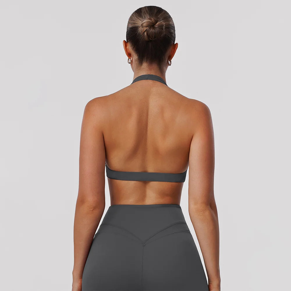 Women Fitness Gym Bra Twist Halter Backless Training Top Wear V-Neck Padded Solid Color Yoga Casual Sporty Bra Gray