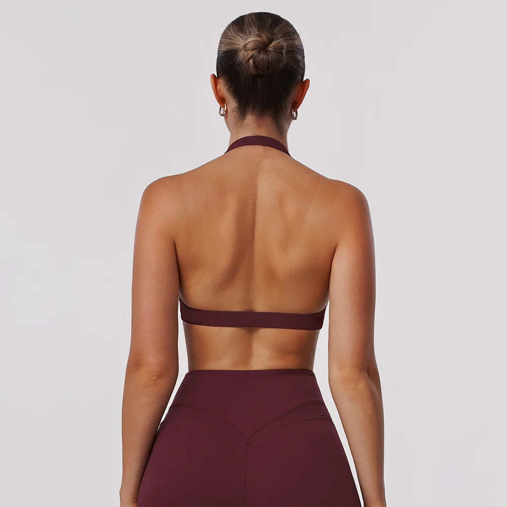 Women Fitness Gym Bra Twist Halter Backless Training Top Wear V-Neck Padded Solid Color Yoga Casual Sporty Bra Burgundy