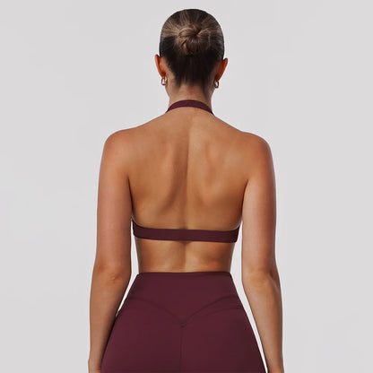 Women Fitness Gym Bra Twist Halter Backless Training Top Wear V-Neck Padded Solid Color Yoga Casual Sporty Bra Burgundy