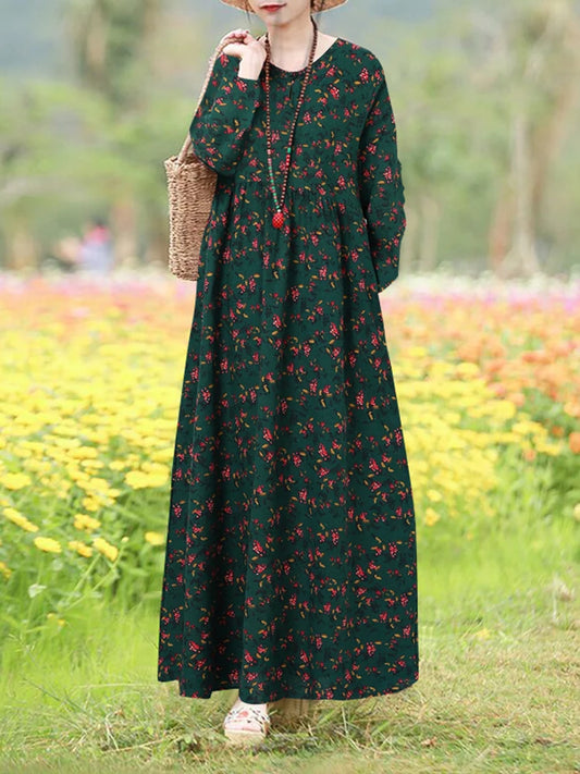 Vintage Floral Dress Woman 2025 ZANZEA Autumn Bohemian Long Dresses Casual Long Sleeve Maxi Vestidos Loose Robe Femme Oversize E-Green