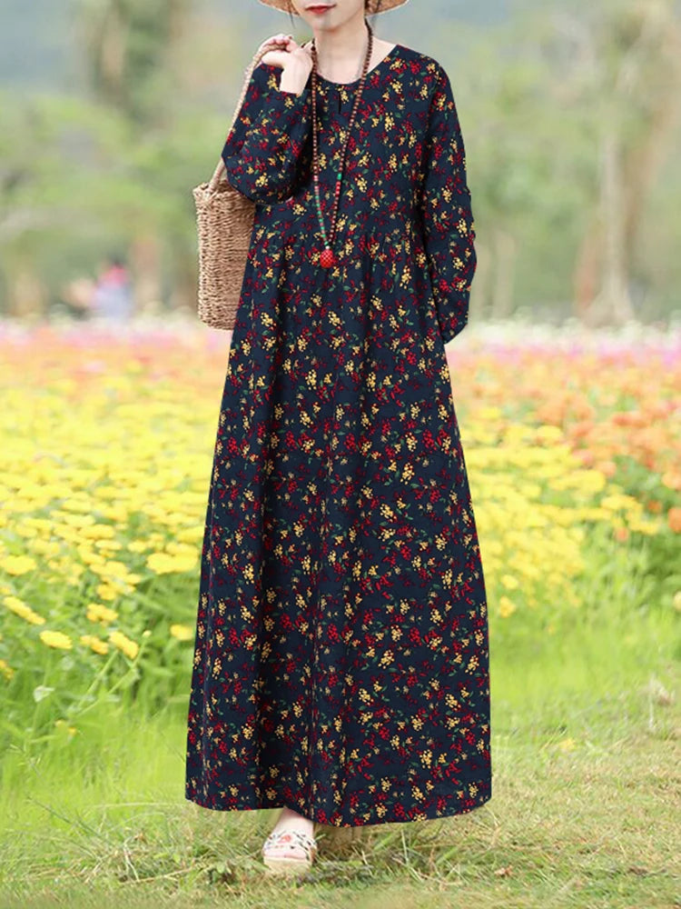 Vintage Floral Dress Woman 2025 ZANZEA Autumn Bohemian Long Dresses Casual Long Sleeve Maxi Vestidos Loose Robe Femme Oversize