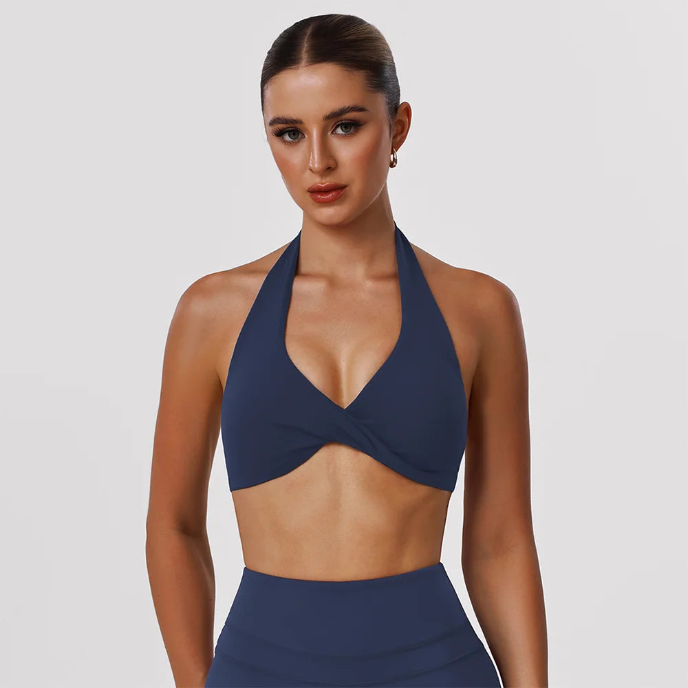 Women Fitness Gym Bra Twist Halter Backless Training Top Wear V-Neck Padded Solid Color Yoga Casual Sporty Bra Navy Blue