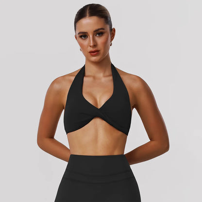 Women Fitness Gym Bra Twist Halter Backless Training Top Wear V-Neck Padded Solid Color Yoga Casual Sporty Bra Black