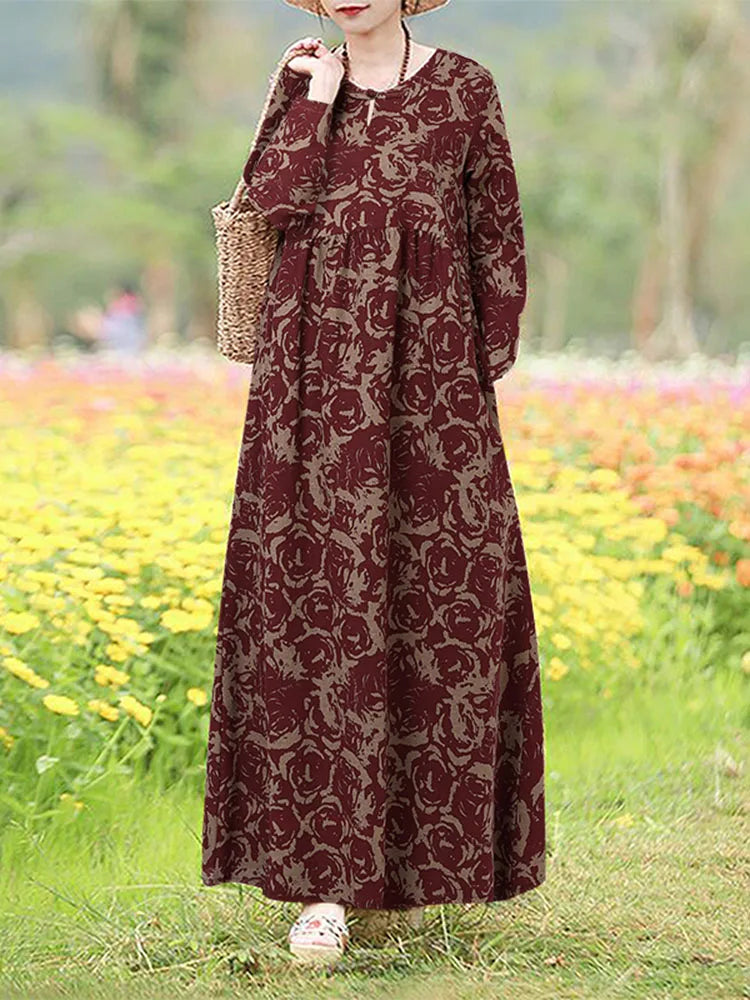 Vintage Floral Dress Woman 2025 ZANZEA Autumn Bohemian Long Dresses Casual Long Sleeve Maxi Vestidos Loose Robe Femme Oversize