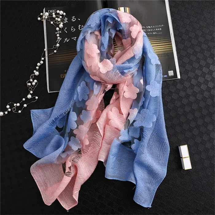 2024 NEW Fashion Women Cut Flowers Hollow Lace Gradient Flower Silk Scarf Spring Shawls and Wraps Towel Femme Beach Sjaals 7