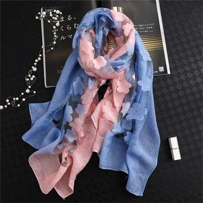 2024 NEW Fashion Women Cut Flowers Hollow Lace Gradient Flower Silk Scarf Spring Shawls and Wraps Towel Femme Beach Sjaals 7