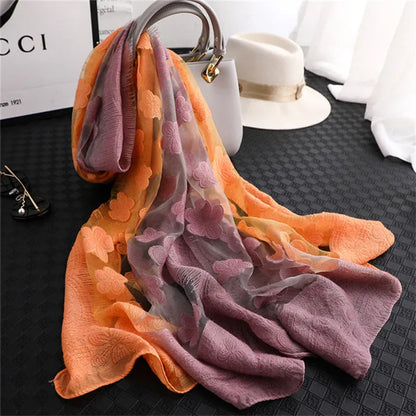 2024 NEW Fashion Women Cut Flowers Hollow Lace Gradient Flower Silk Scarf Spring Shawls and Wraps Towel Femme Beach Sjaals 22