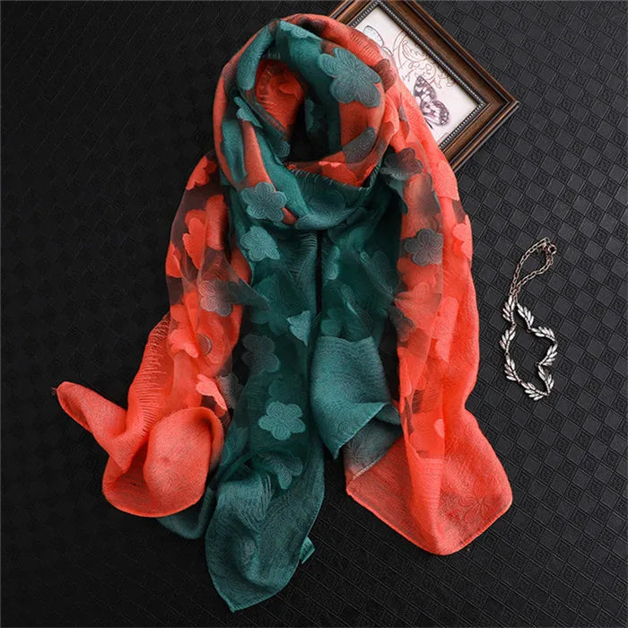 2024 NEW Fashion Women Cut Flowers Hollow Lace Gradient Flower Silk Scarf Spring Shawls and Wraps Towel Femme Beach Sjaals 24