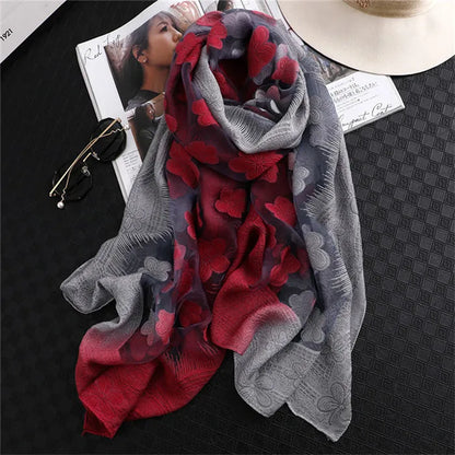 2024 NEW Fashion Women Cut Flowers Hollow Lace Gradient Flower Silk Scarf Spring Shawls and Wraps Towel Femme Beach Sjaals 14