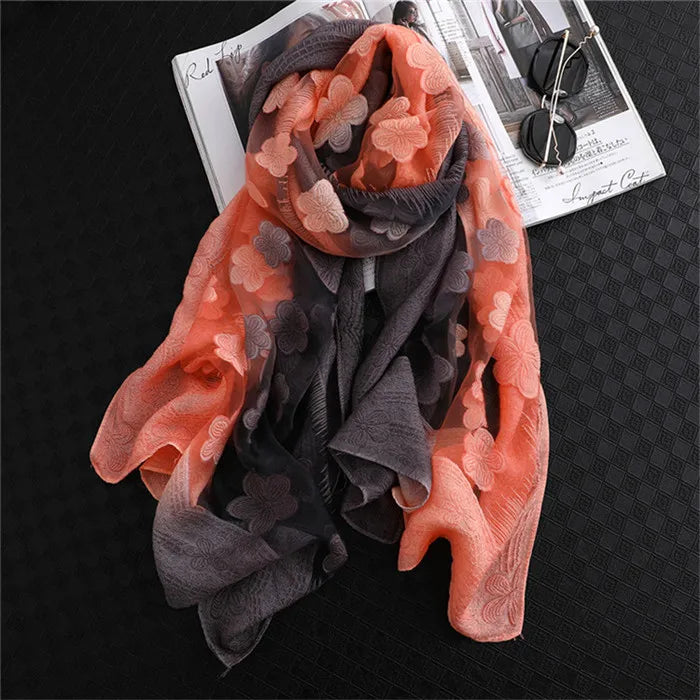 2024 NEW Fashion Women Cut Flowers Hollow Lace Gradient Flower Silk Scarf Spring Shawls and Wraps Towel Femme Beach Sjaals 13