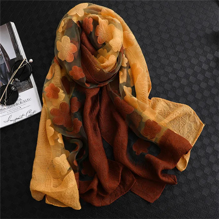2024 NEW Fashion Women Cut Flowers Hollow Lace Gradient Flower Silk Scarf Spring Shawls and Wraps Towel Femme Beach Sjaals