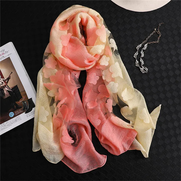 2024 NEW Fashion Women Cut Flowers Hollow Lace Gradient Flower Silk Scarf Spring Shawls and Wraps Towel Femme Beach Sjaals