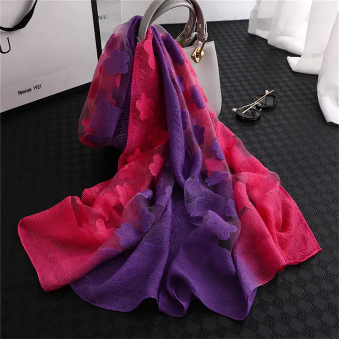 2024 NEW Fashion Women Cut Flowers Hollow Lace Gradient Flower Silk Scarf Spring Shawls and Wraps Towel Femme Beach Sjaals 9